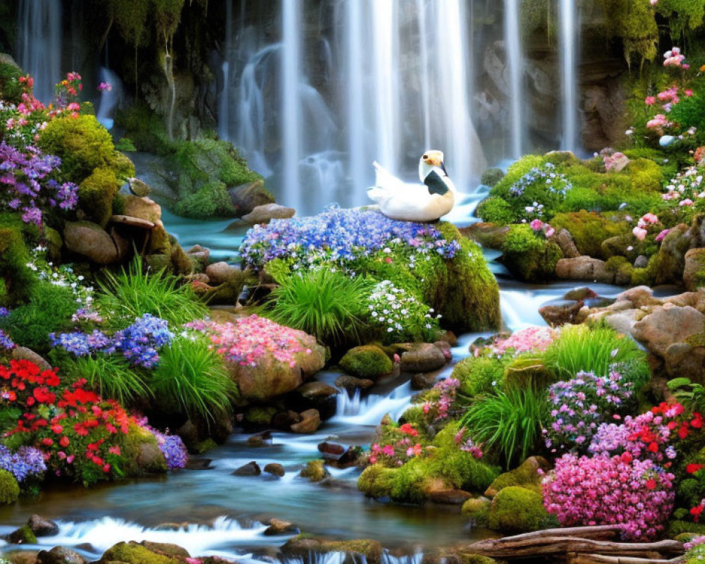 Tranquil waterfall scene with vibrant flowers, greenery, and white swan