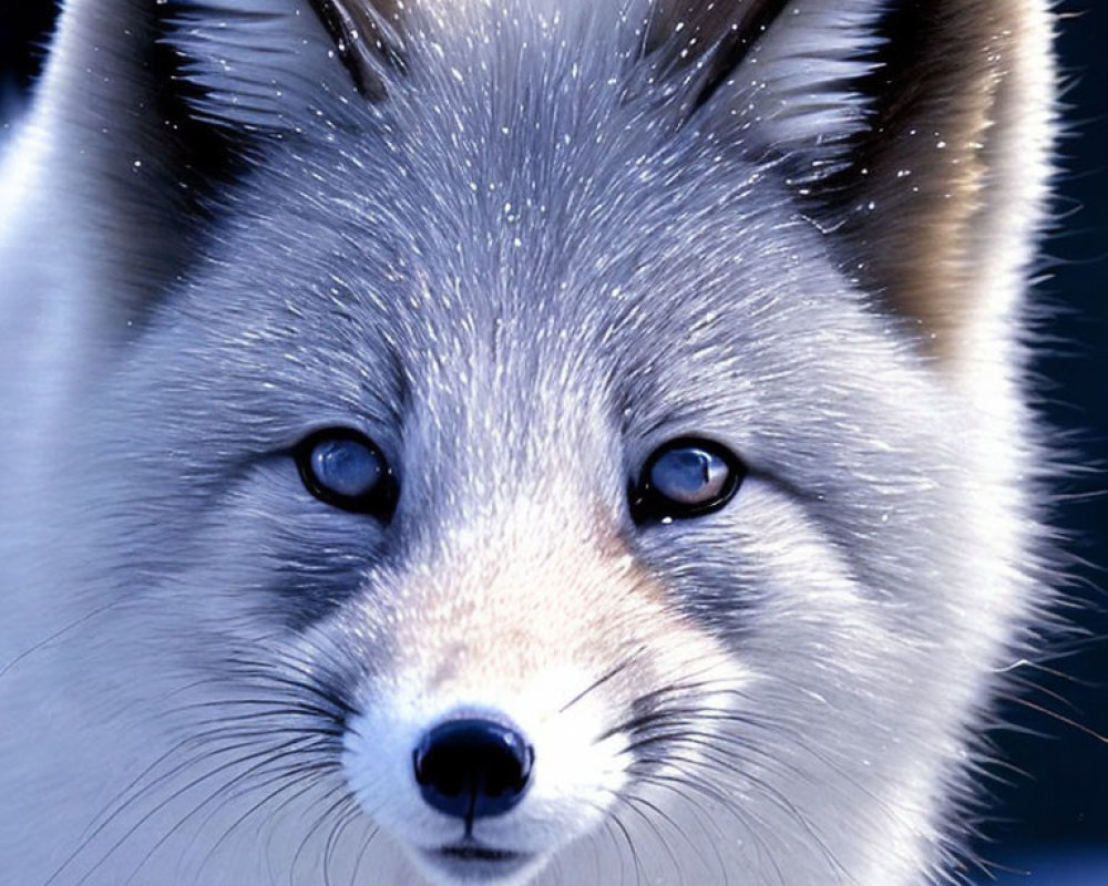 Arctic fox with piercing blue eyes and white fur coat on chilly blue backdrop