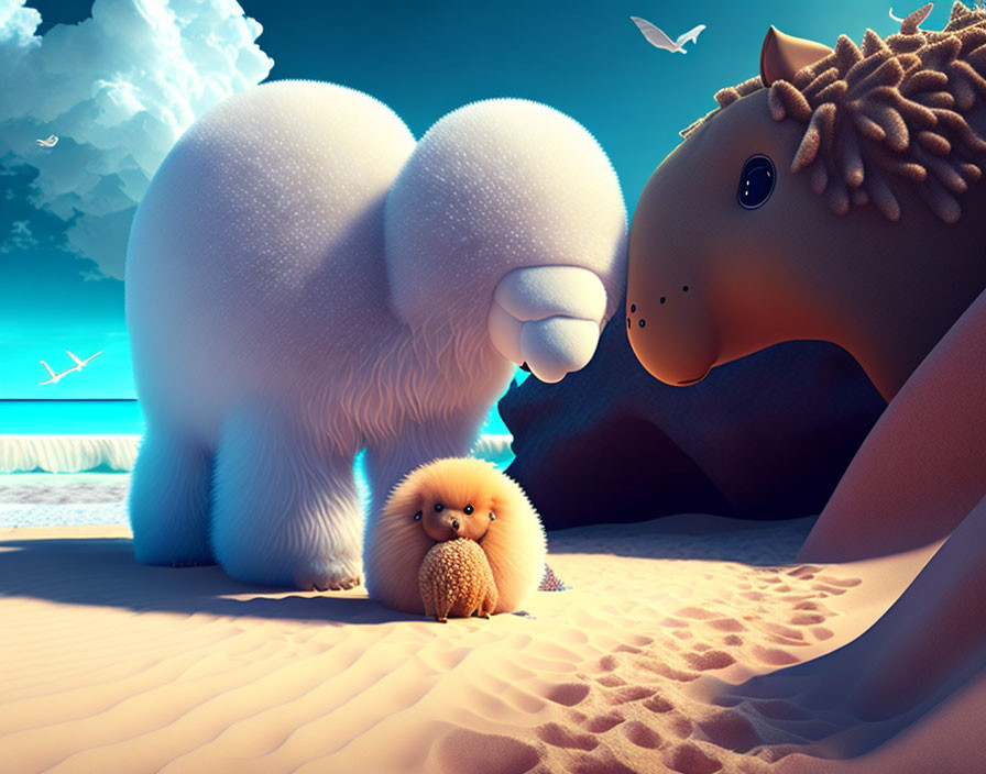 Cartoon image: Mammoth, round creature, horse-like animal on beach with seagulls.