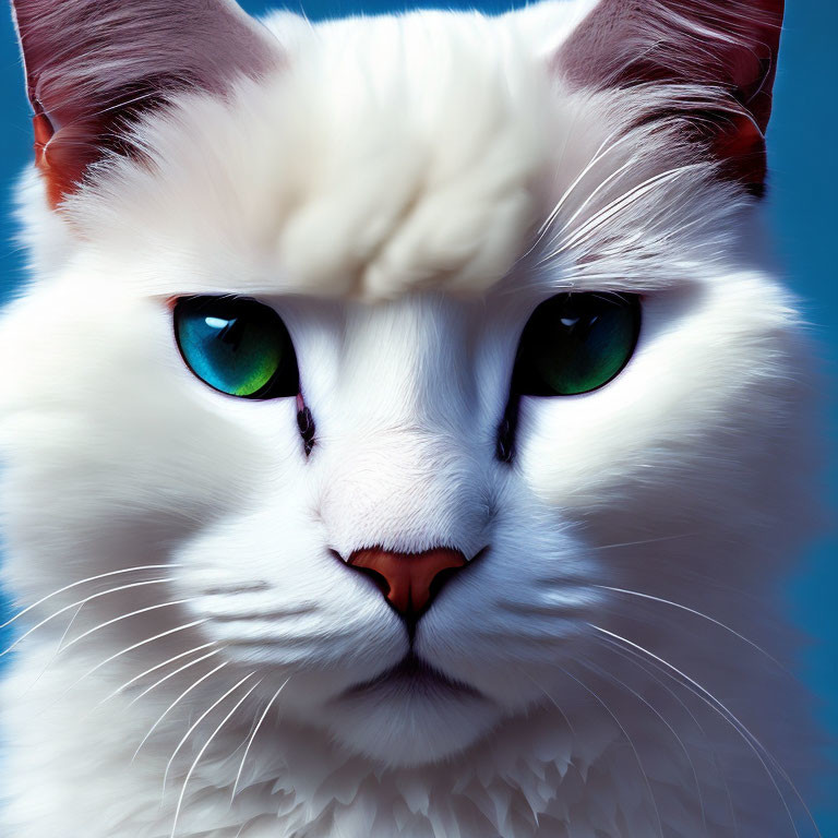 White Cat with Blue and Green Heterochromia on Blue Background