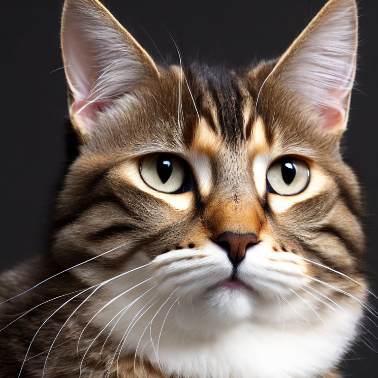 Brown Tabby Cat with Yellow Eyes and Whiskers on Dark Background