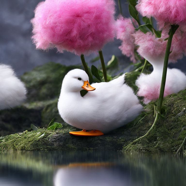 White Plush Duck Toy by Tranquil Pond with Pink Trees
