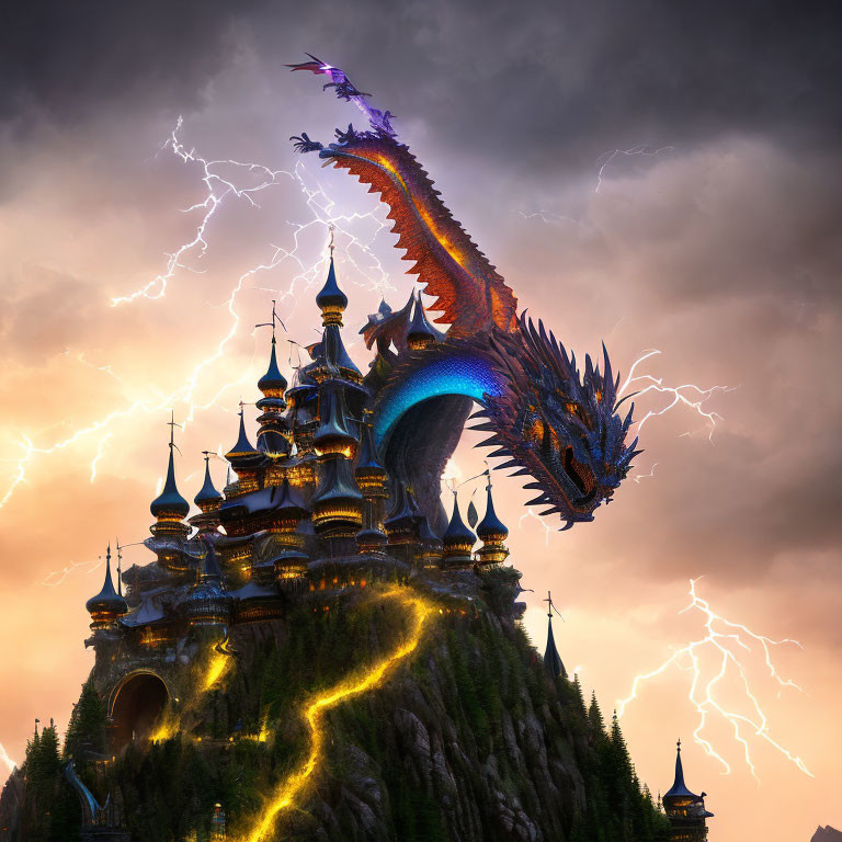 Majestic dragon on castle with stormy sky and lightning