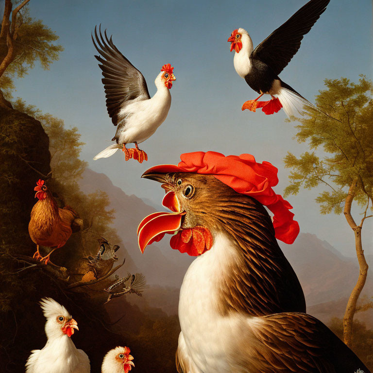 Surreal Painting: Chickens with Human-Like Faces in Classical Landscape