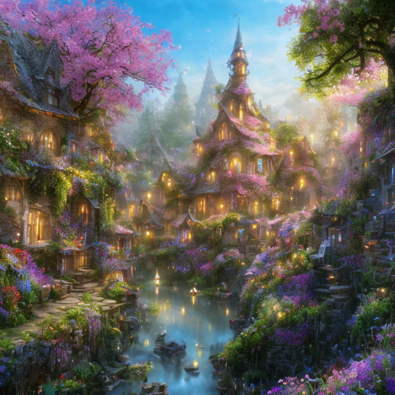 Fantasy village with thatched-roof cottages, pink trees, stone bridges, and glowing lantern