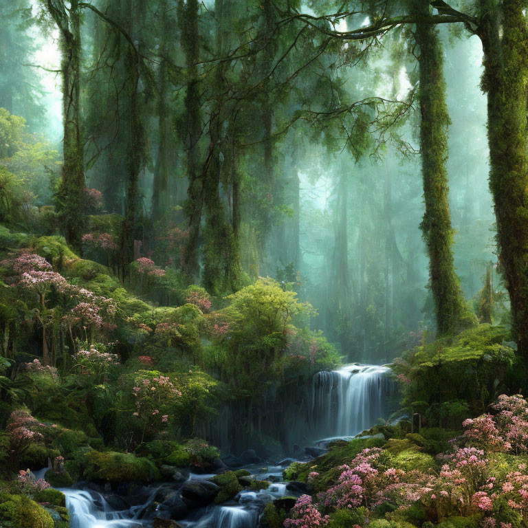 Tranquil forest with waterfall, moss, and misty trees
