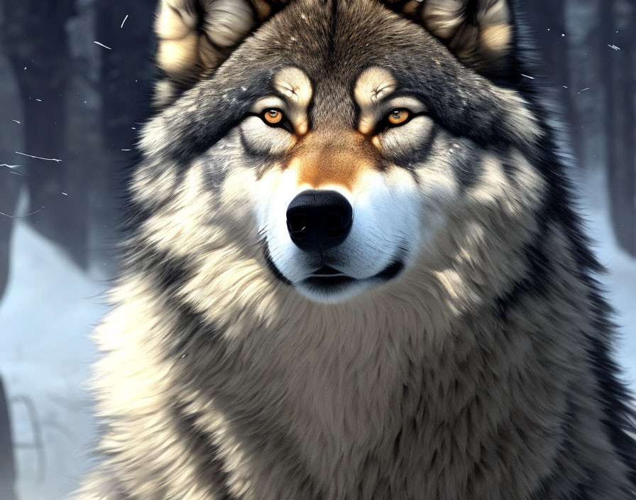 Realistic animated wolf with piercing eyes in snowy forest setting