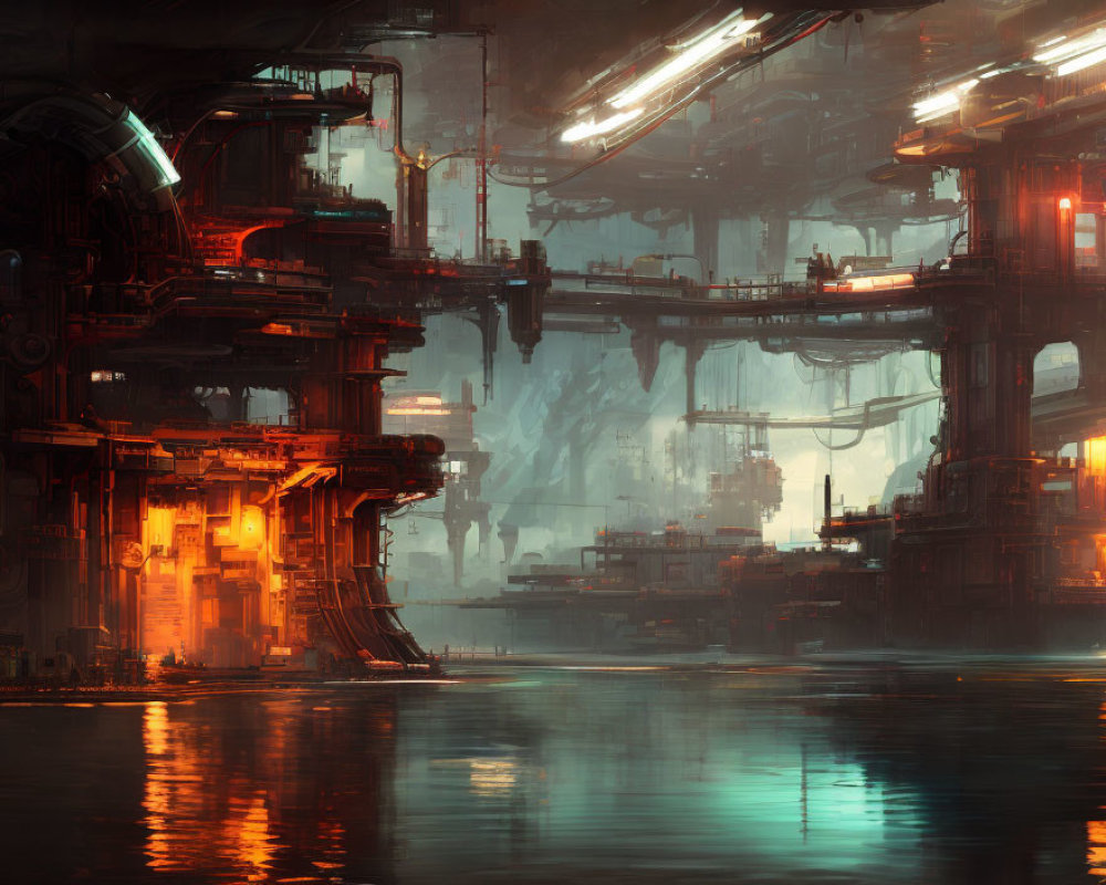 Dark futuristic industrial sci-fi scene with glowing lights and intricate machinery