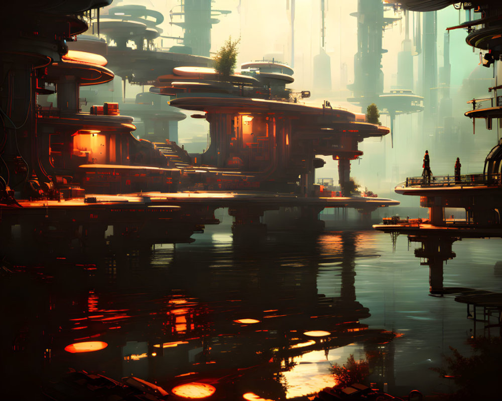 Futuristic cityscape with towering structures and orange lights reflected in water