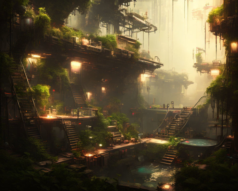 Lush, overgrown dystopian cityscape with futuristic buildings in misty ambiance