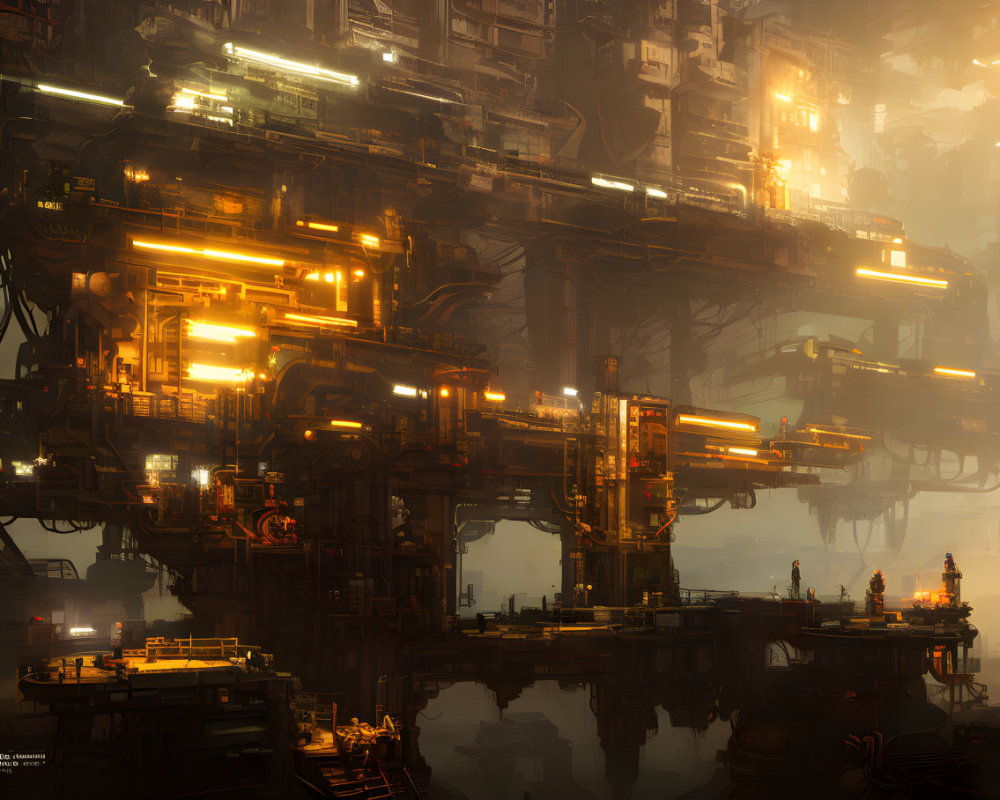 Detailed futuristic cityscape with glowing structures and complex machinery reflected in water.