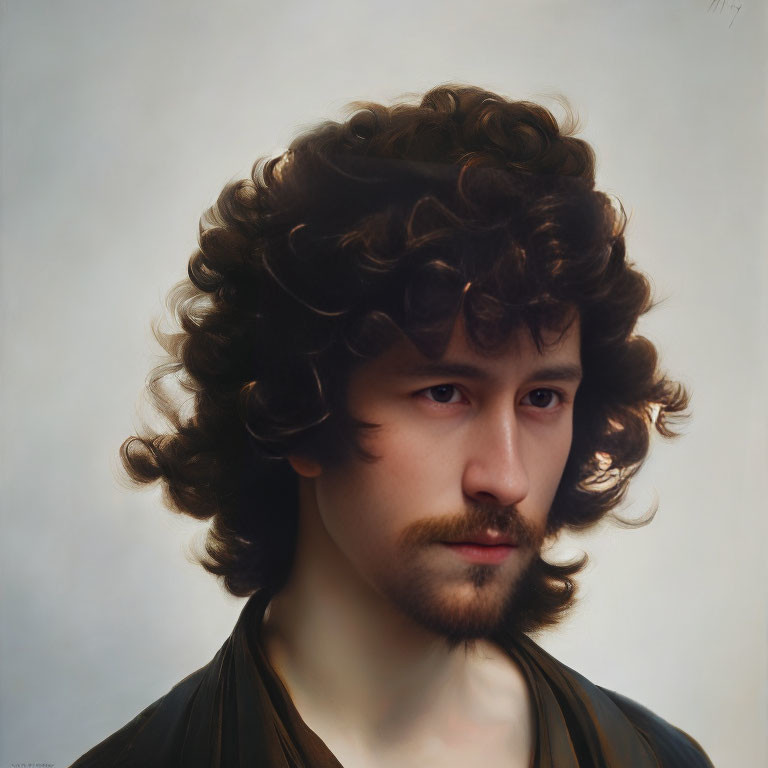 Classical style digital portrait of a man with curly dark hair and contemplative gaze