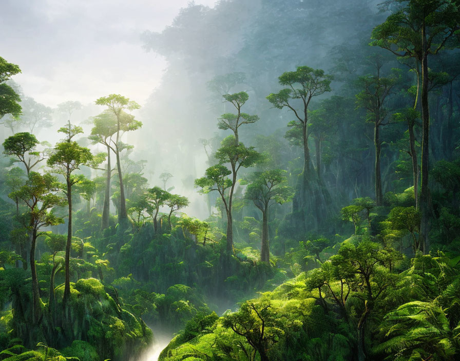 Towering Trees in Lush Green Rainforest