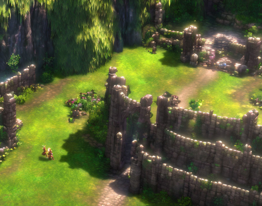 Ancient stone ruins in lush green landscape with character exploring.