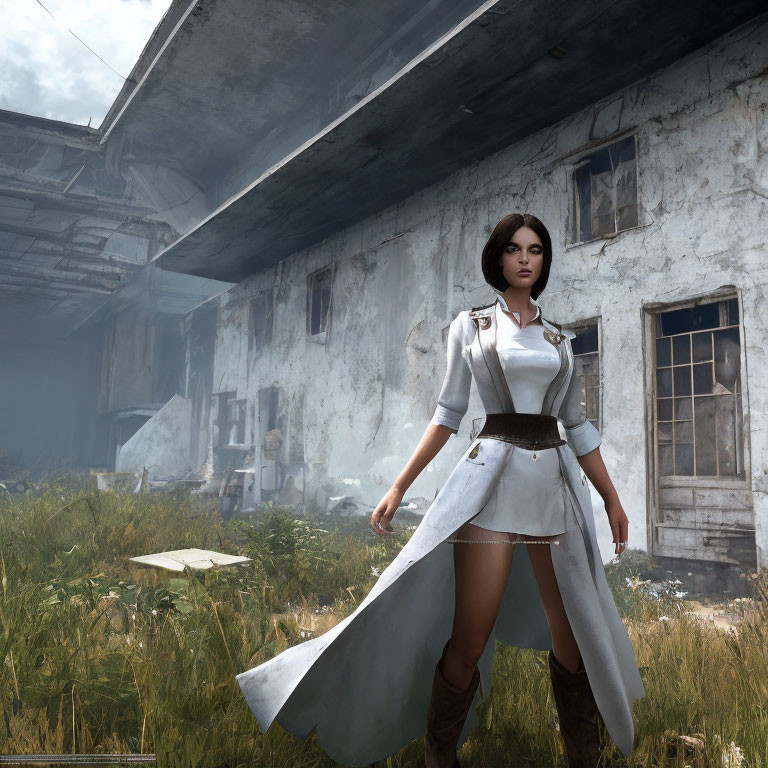 Digital Artwork: Woman in White Coat Standing by Abandoned Building