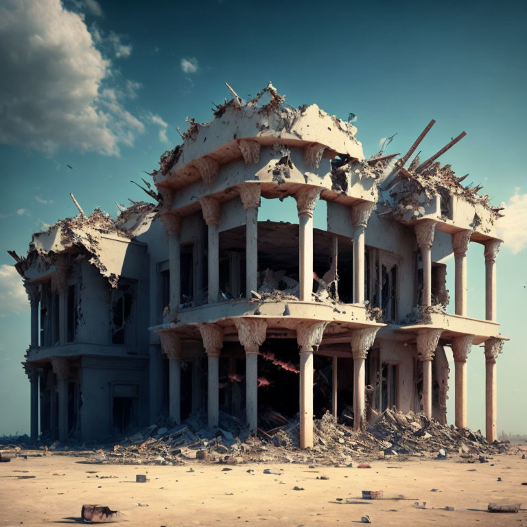 Abandoned two-story building with exposed columns under hazy sky