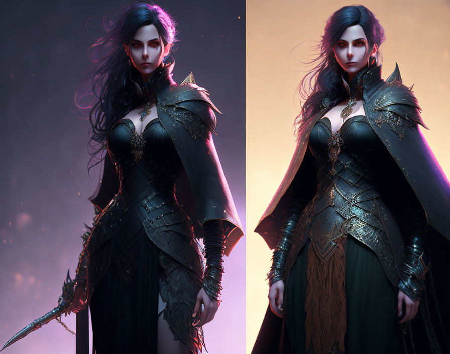 Female warrior in dark armor wields sword in digital artwork