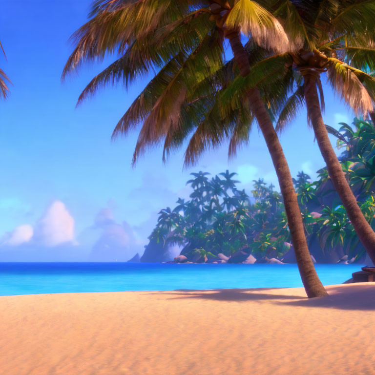 Sunny Tropical Beach Scene with Palm Trees and Blue Sea