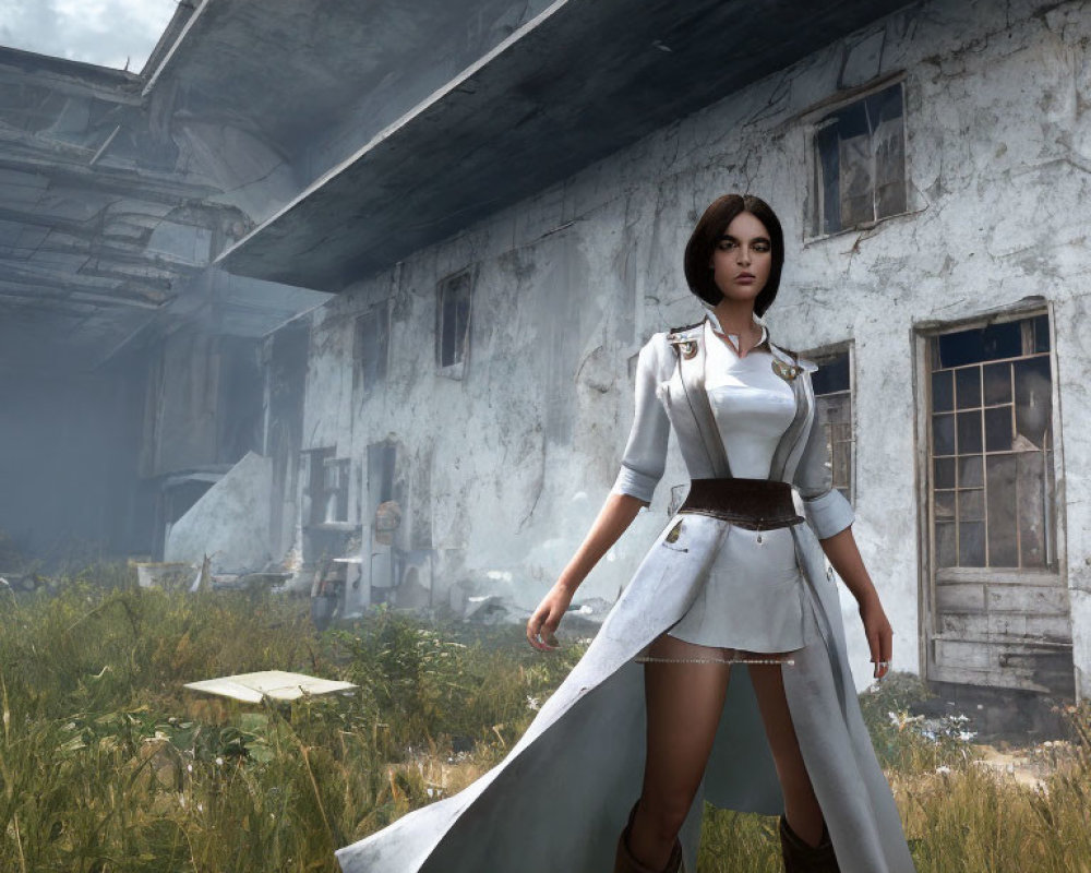 Digital Artwork: Woman in White Coat Standing by Abandoned Building