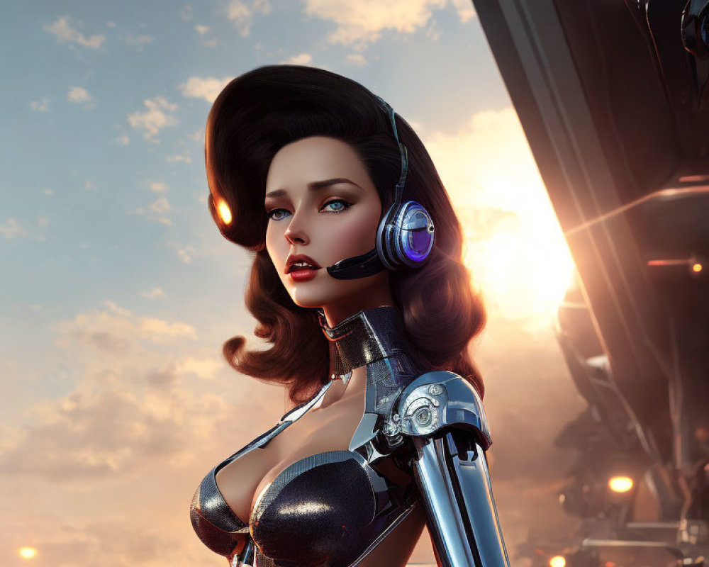 Hyper-realistic female android with human-like face, mechanical arm, and futuristic headset against cloudy sky.
