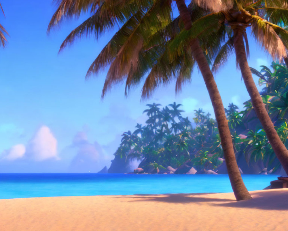 Sunny Tropical Beach Scene with Palm Trees and Blue Sea
