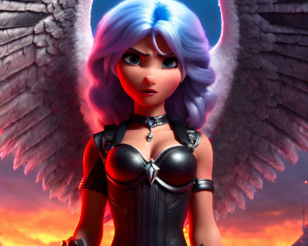 Blue-haired female character with angel wings in front of fiery backdrop and halo.