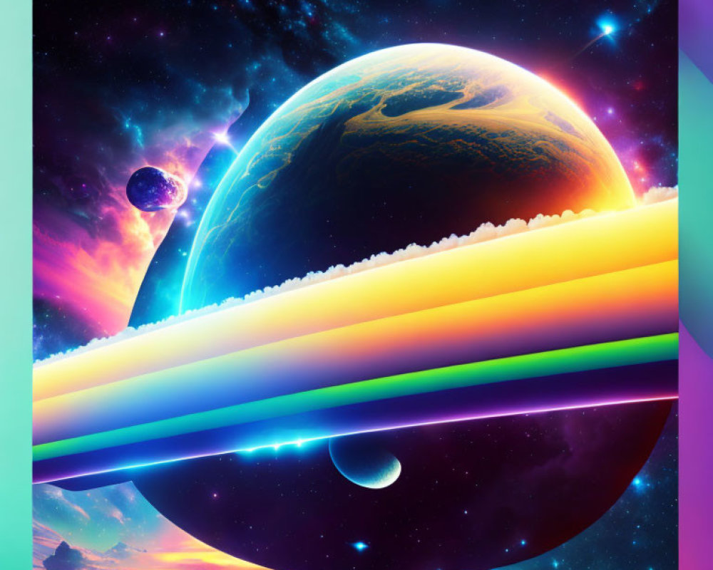 Colorful Digital Artwork of Surreal Space Scene with Earth-like Planet, Rings, Stars, and
