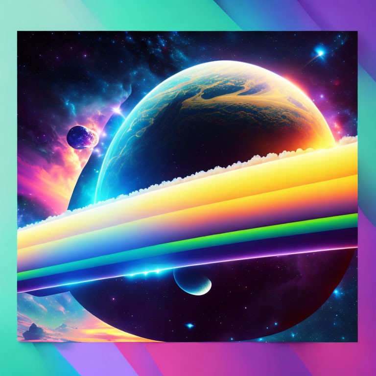 Colorful Digital Artwork of Surreal Space Scene with Earth-like Planet, Rings, Stars, and