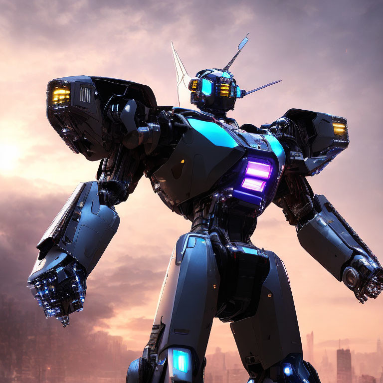 Giant blue and black robot with glowing eyes against dusky sky