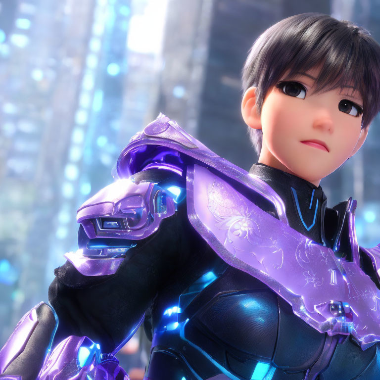 Animated character in futuristic armor suit against cityscape.