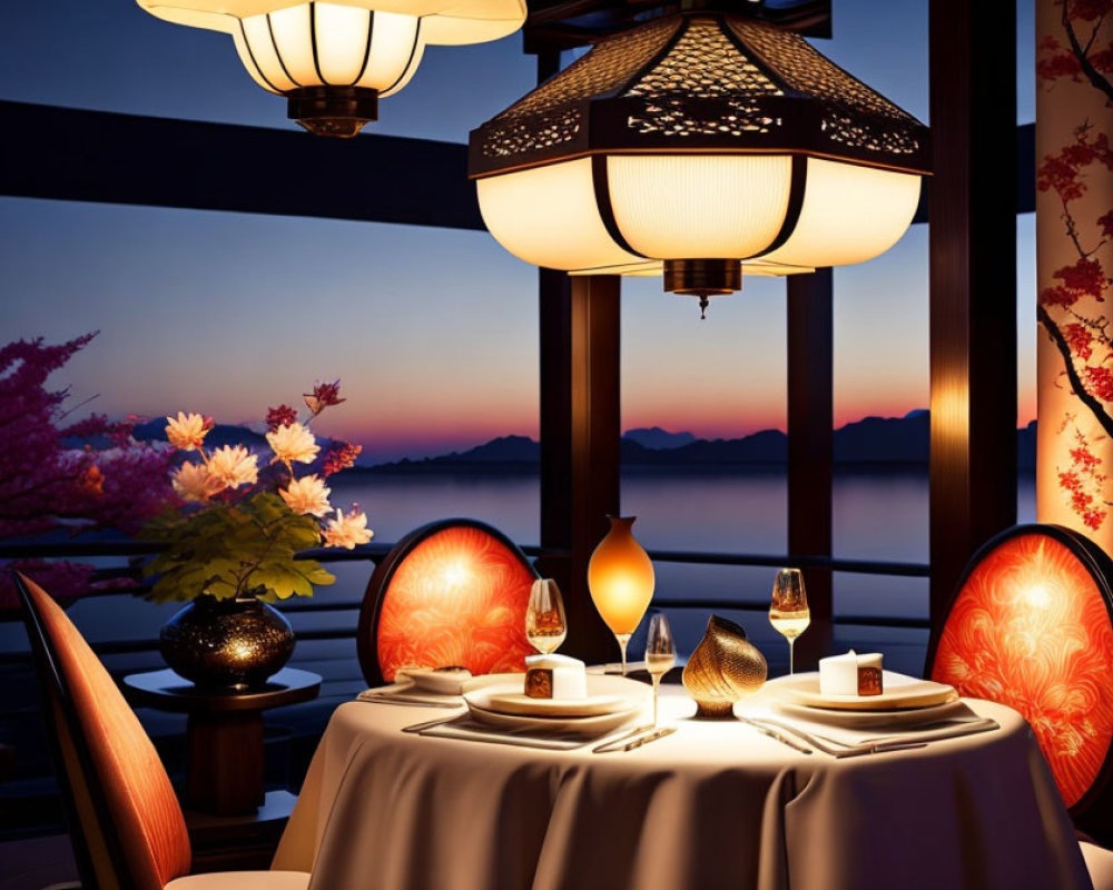 Traditional lanterns and cherry blossoms in elegant sunset dining setup