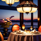 Traditional lanterns and cherry blossoms in elegant sunset dining setup