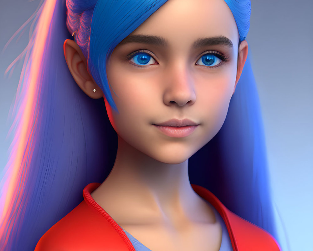 Portrait of girl with vibrant blue hair, blue eyes, red jacket, subtle smile, and stud e