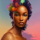 Digital artwork: Woman with floral headpiece and earrings on pastel sunset background