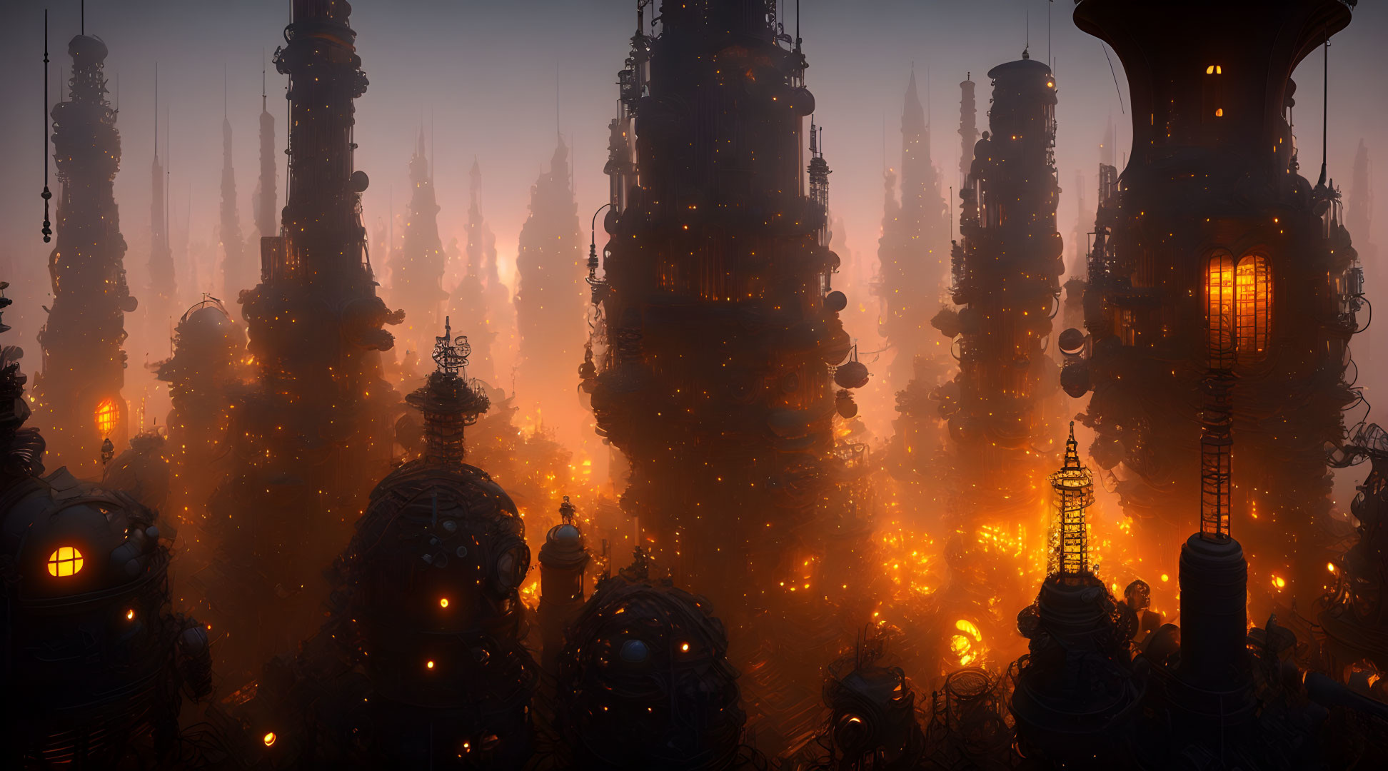 Mysterious cityscape with towering structures and warm glow against hazy backdrop