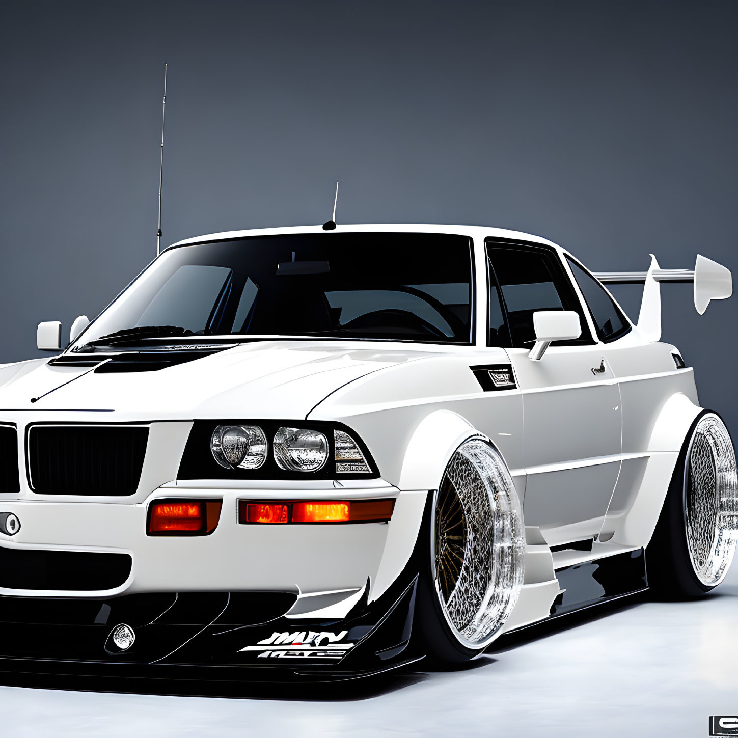 White Modified Sports Car with Wide Body Kit and Rear Wing on Grey Background
