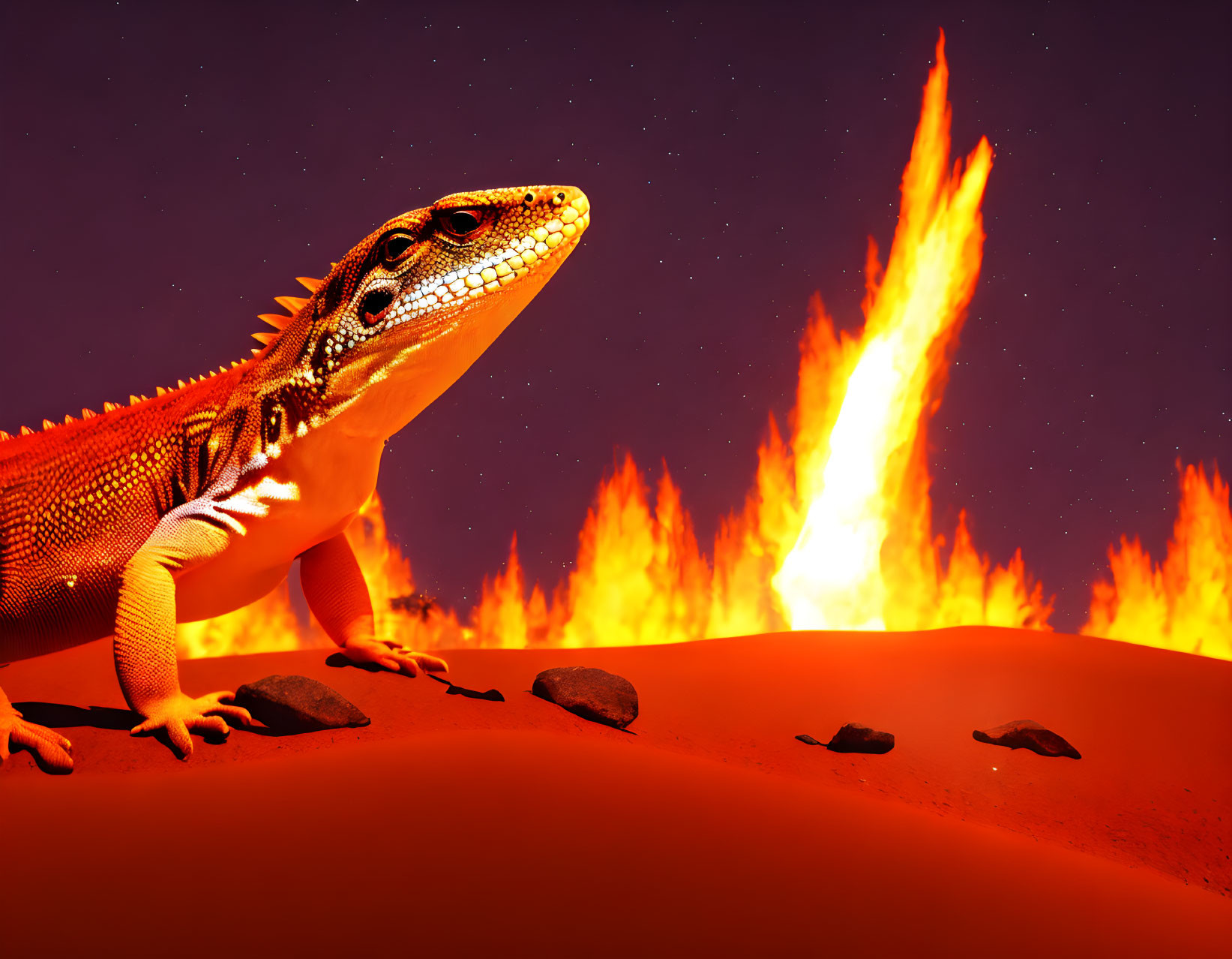 Lizard on Sandy Surface with Orange Flames and Starry Sky