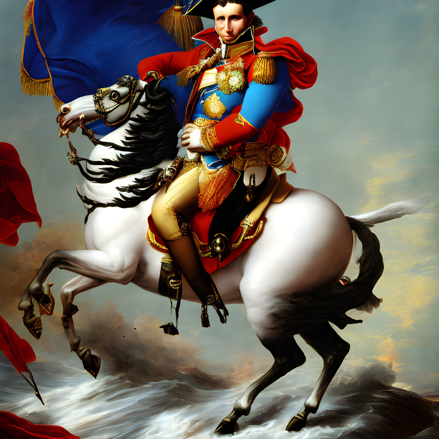 Regal figure in blue uniform on horseback with gold decorations against sky background.