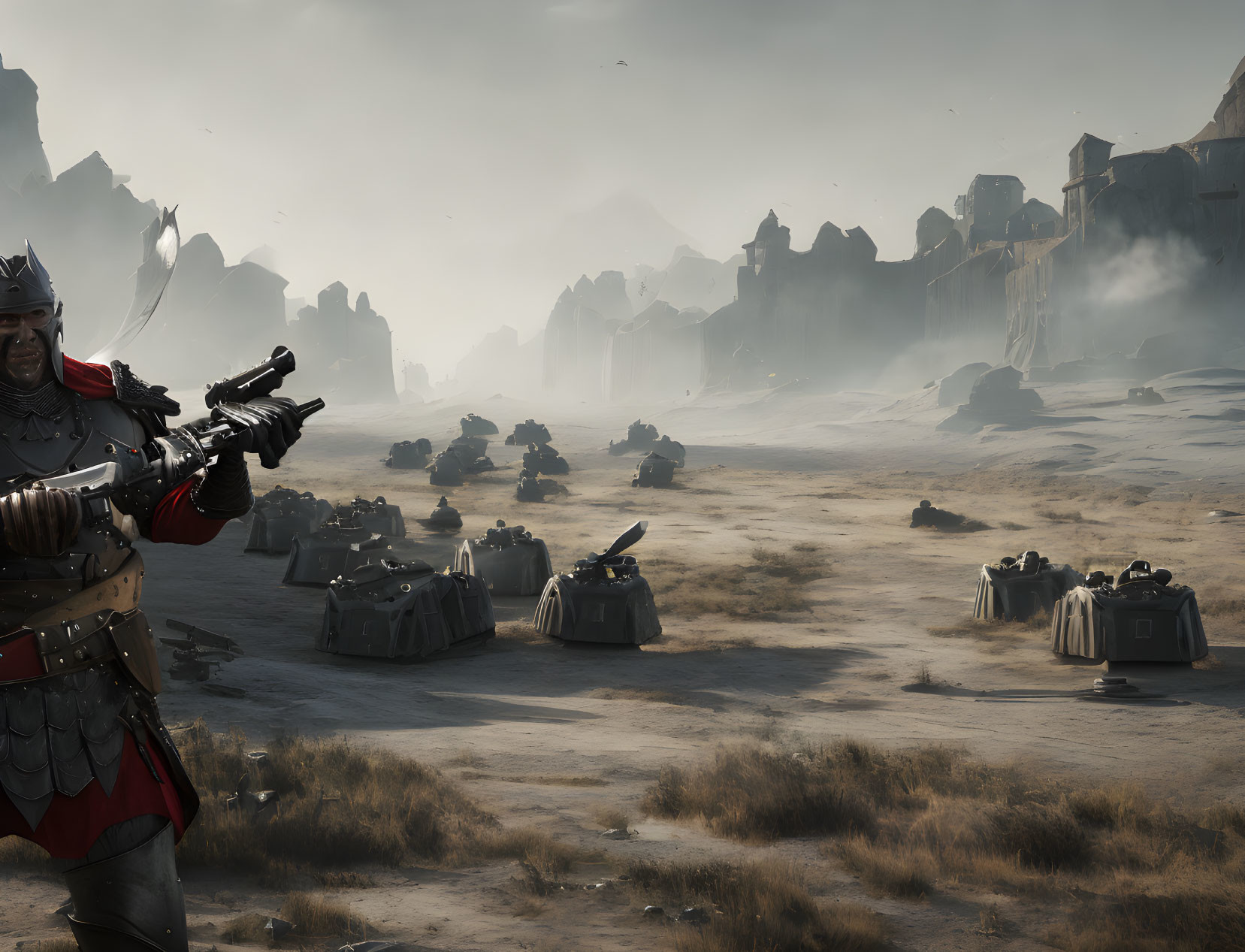 Futuristic knight in armor with weapon in barren landscape with drones.