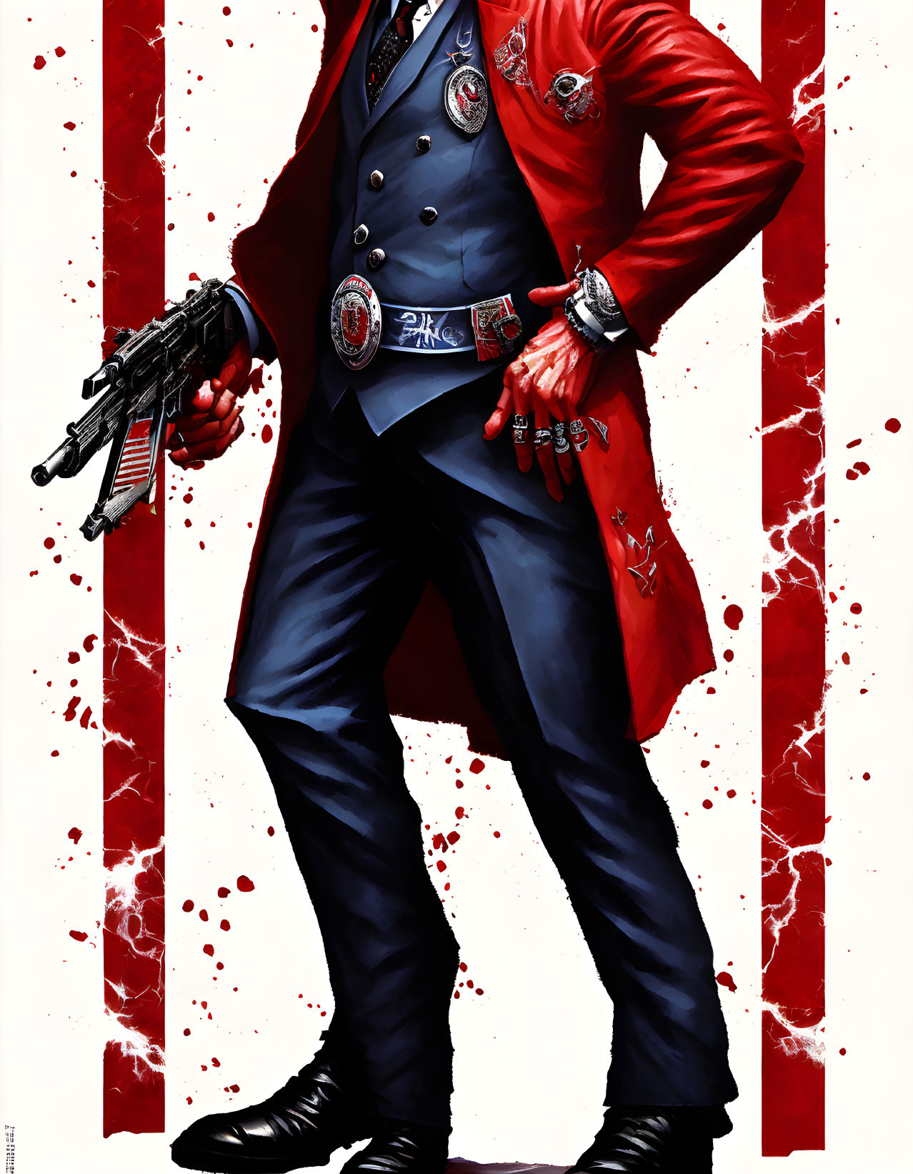 Illustration of man in red and blue suit with badges, holding guns on splattered background