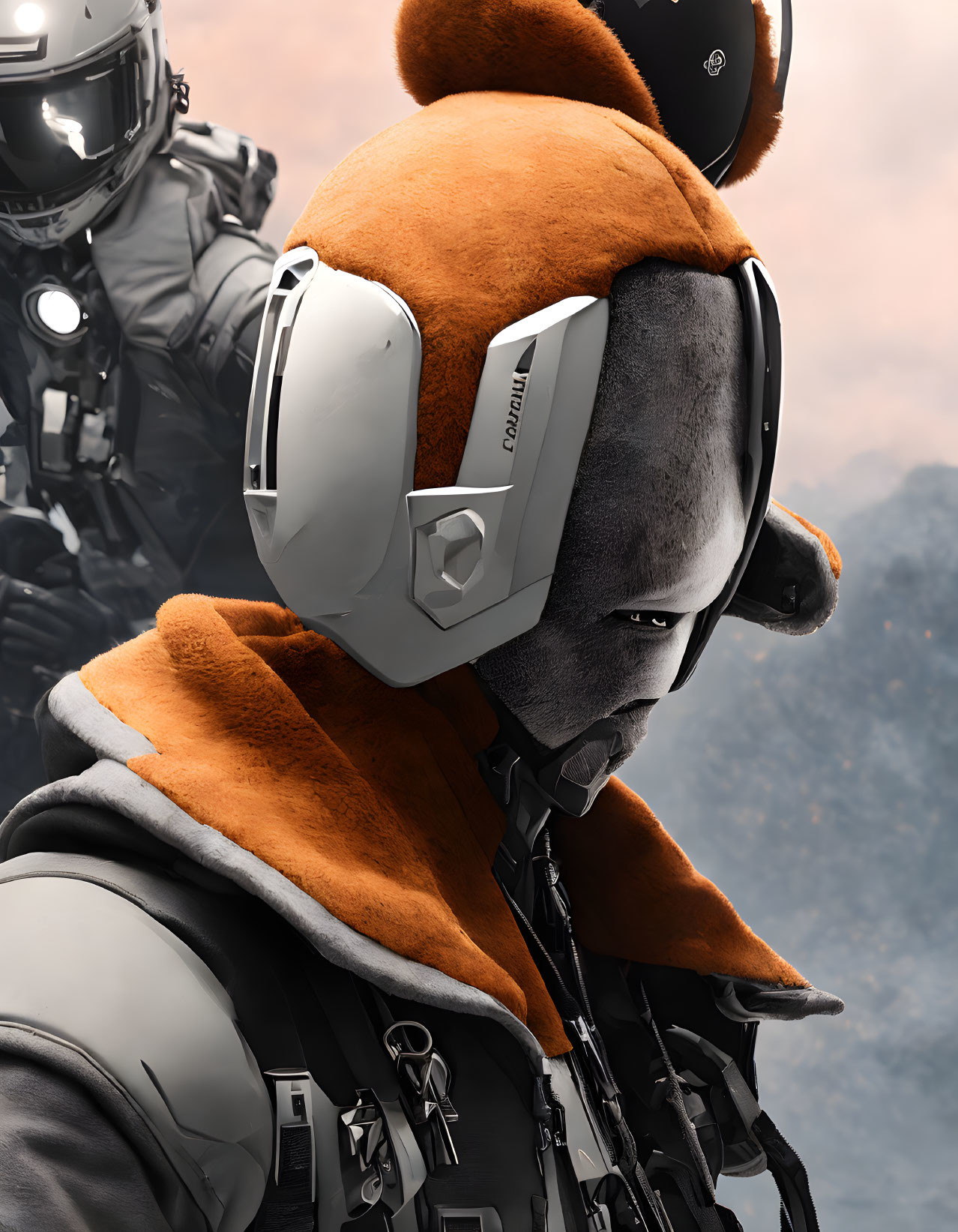 Orange Flight Suit and Futuristic Helmet Character with Background Figure in Armor