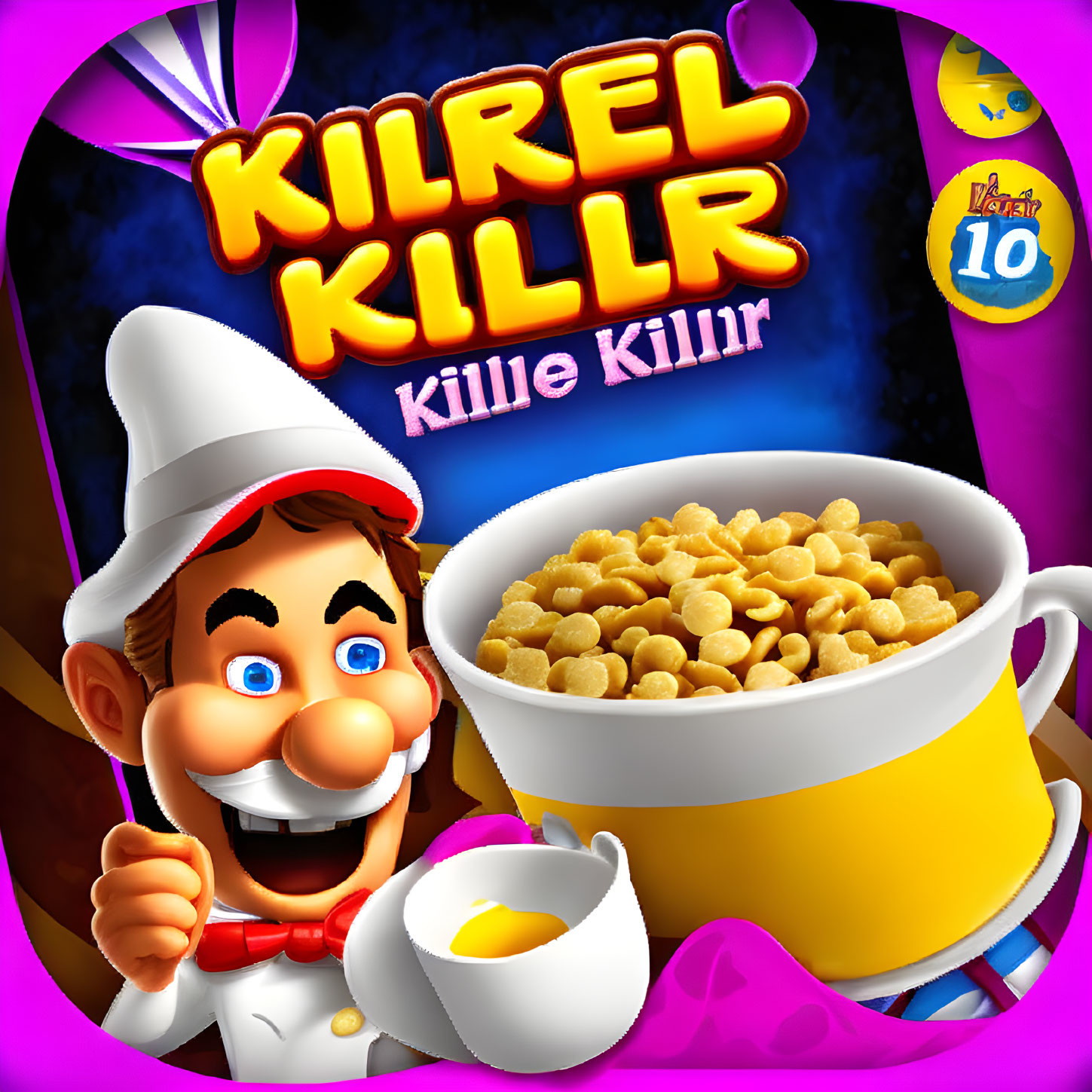 Colorful Cereal Box Design with Chef, Spoon, Cup of Cereal, Egg, and 
