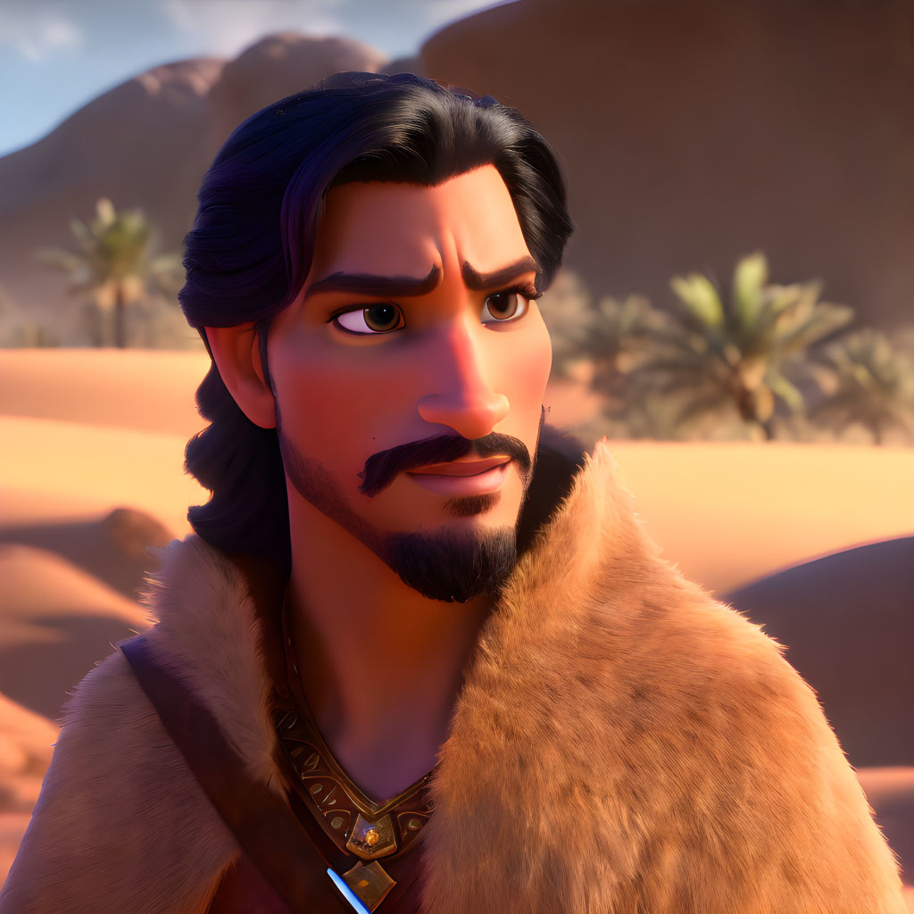 Bearded 3D animated character in fur cloak gazes at desert mountains