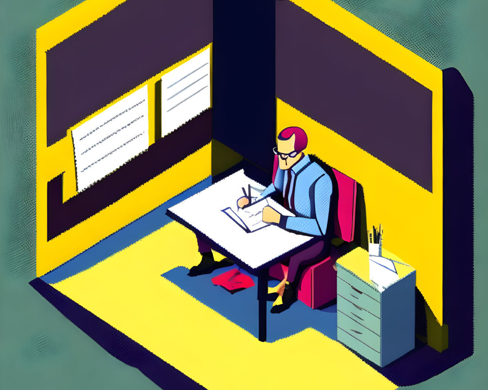 Illustration of person in private office cubicle working at desk