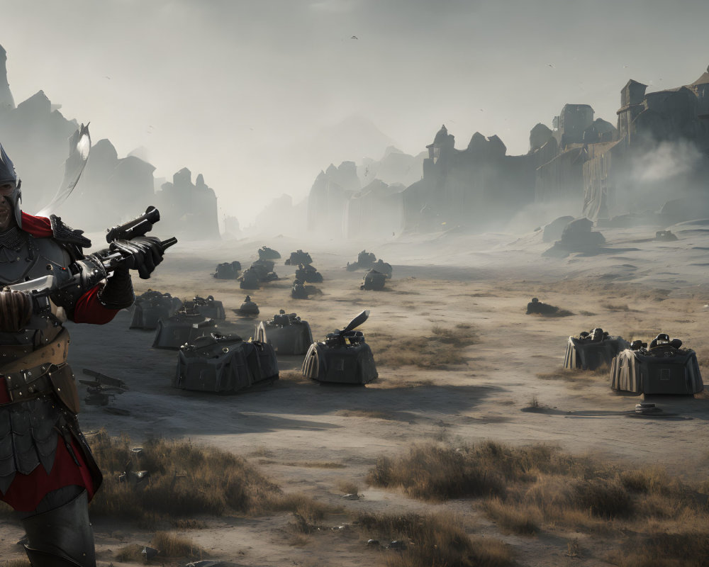 Futuristic knight in armor with weapon in barren landscape with drones.