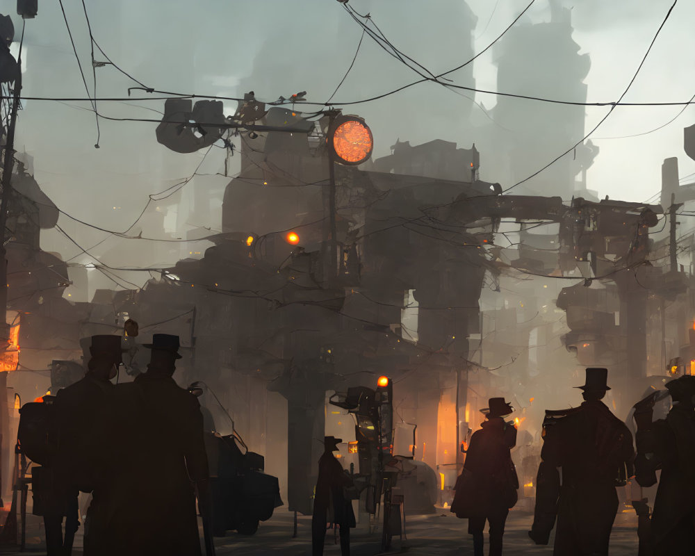 Dystopian cityscape with silhouetted figures and illuminated street lamps