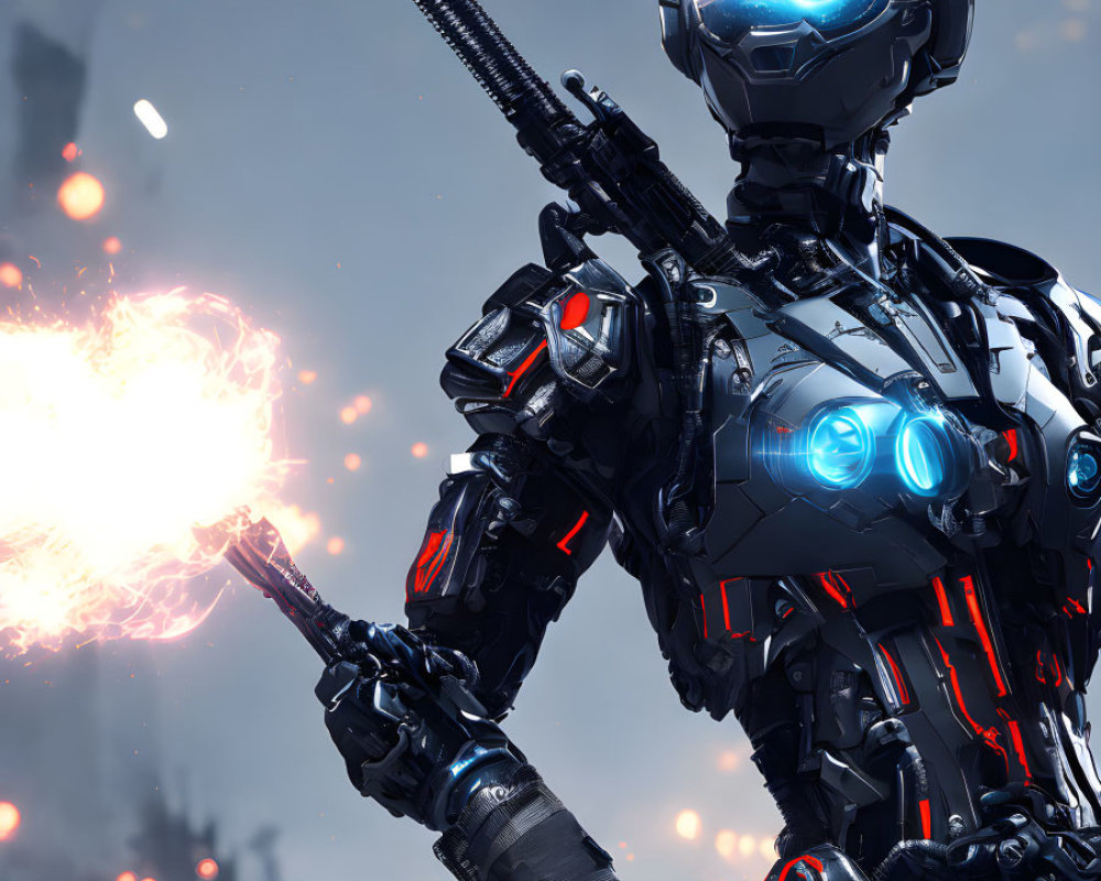 Futuristic robot with glowing blue head and gun in debris-filled backdrop