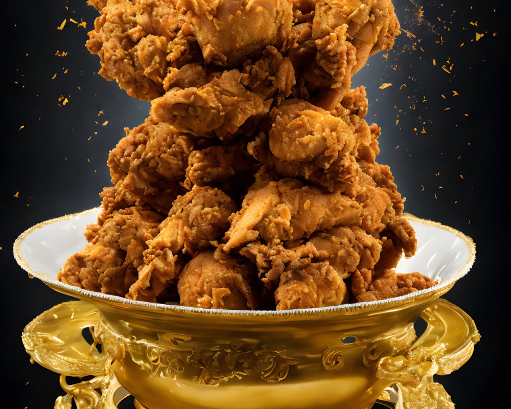 Crispy fried chicken stack on golden trophy with flying crumbs