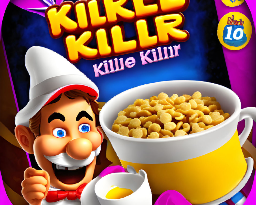 Colorful Cereal Box Design with Chef, Spoon, Cup of Cereal, Egg, and 