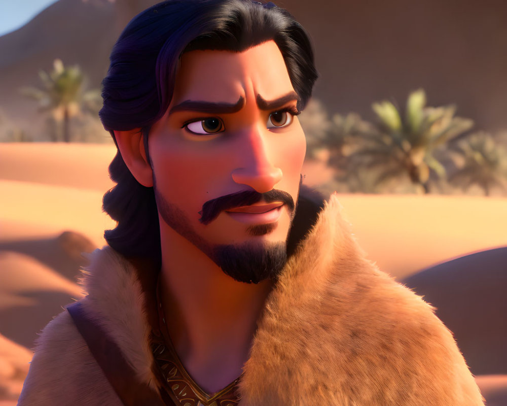 Bearded 3D animated character in fur cloak gazes at desert mountains